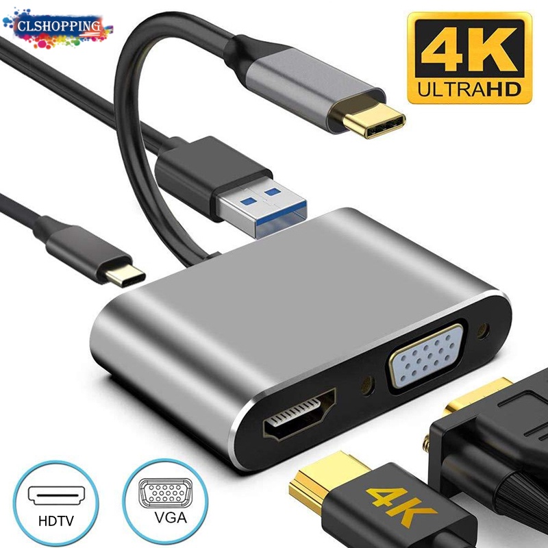 4 in 1 USB Type C to HDMI/VGA/USB 3.0/PD Charging 4K 60HZ Multiport Hub USB C OTG Adapter Converter for Macbook Pro/Air /ipad/mate 30 40 50 60/s22 ultra s23