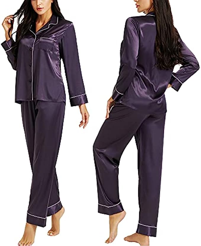 LONXU Silk Satin Womens Pajama Sets Button Down Sleepwear Loungewear XS~3XL