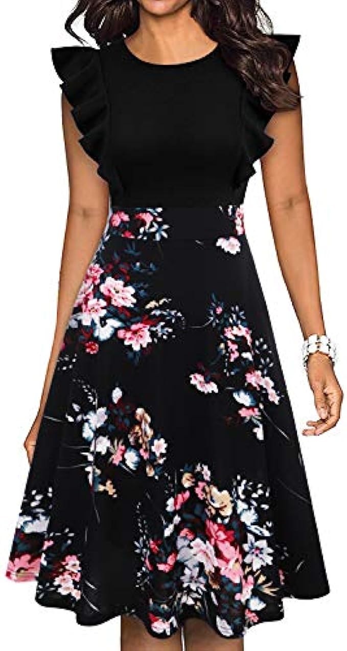 IHOT Women's Vintage Ruffle Floral Flared A Line Swing Casual Cocktail Party Dresses with Pockets
