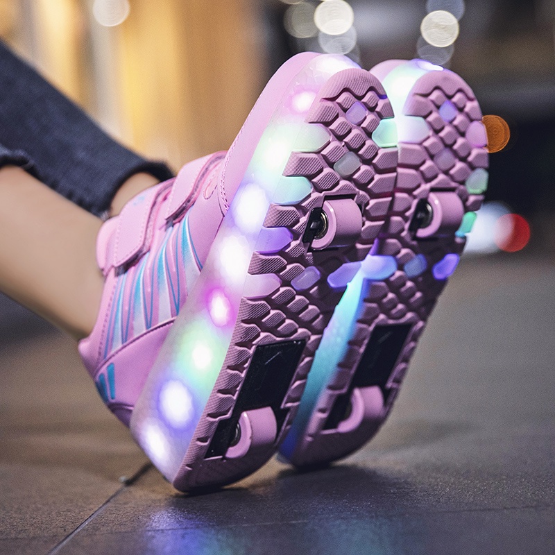 Ready stock Two wheel charging luminous violent HEELYS shoes for children adult roller skates for men and women with lights wheel shoes RRIM SB9X