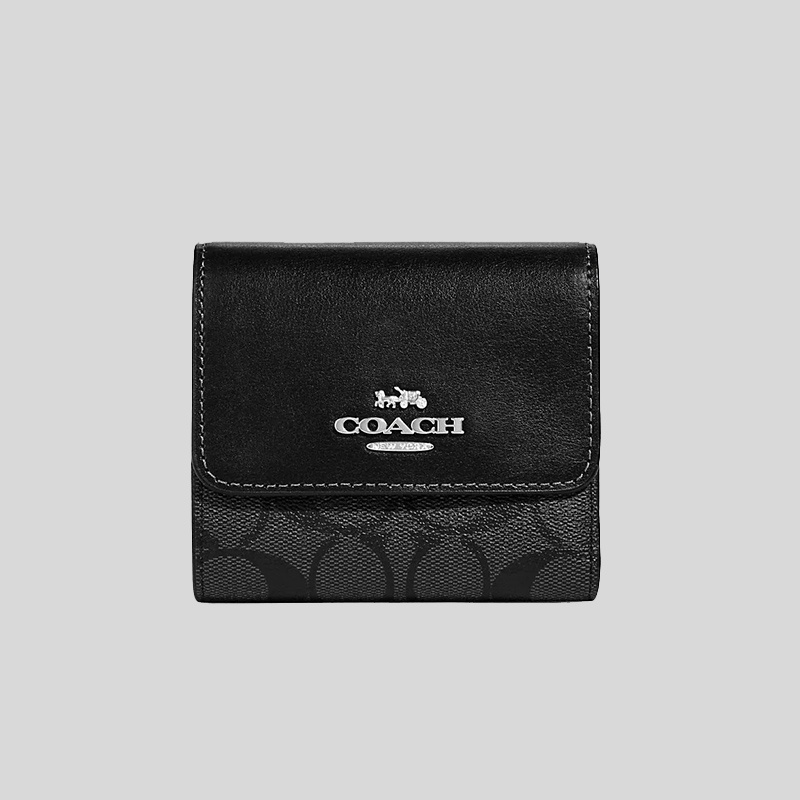 Coach Small Trifold Wallet In Blocked Signature Canvas Graphite Black CE930