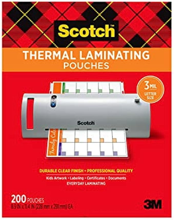 Scotch Thermal Laminating Pouches, 200-Pack, 8.9 x 11.4 Inches, Letter Size Sheets, Clear, 3-Mil (TP3854-200)
