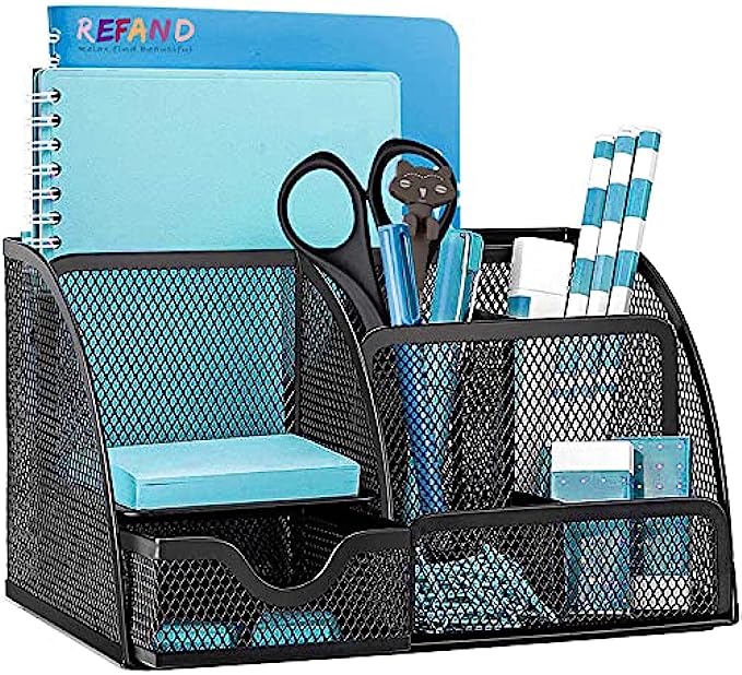Mesh Desk Organizer, Refand Desktop Office Supplies Multi-Functional Caddy Pen Holder Stationery with 6 Compartments and 1 Drawer for Office, Home, School, Classroom