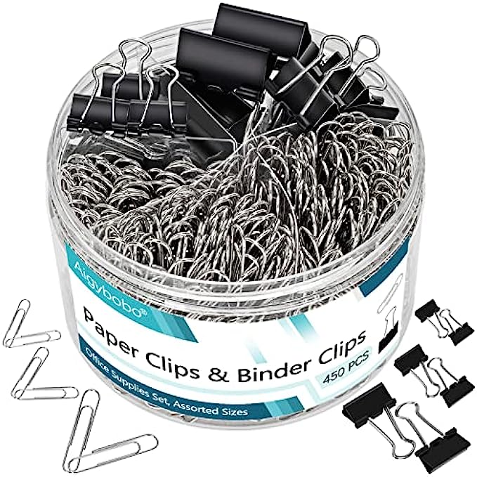 Paper Clips Binder Clips Set,450 PCS Sliver Paperclips and Black Binder Clips,Assorted Sizes Jumbo, Medium,Small for School,Office, Classroom, Home Document Organizing Supplies
