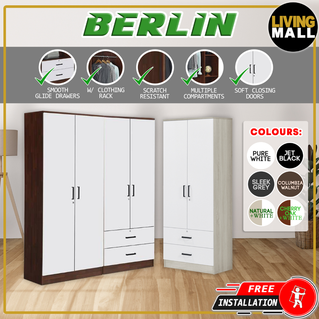Livingmall BERLIN Series 1/2/3/4/5 Doors Soft Closing Wardrobe with Drawers in 6 Colours