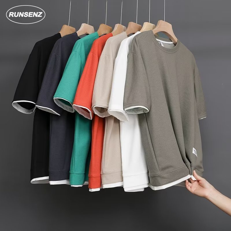 Basic Plain Waffle T Shirt Men Summer Thin Breathable Short Sleeve Tshirts Simple Casual Loose Round Neck Top