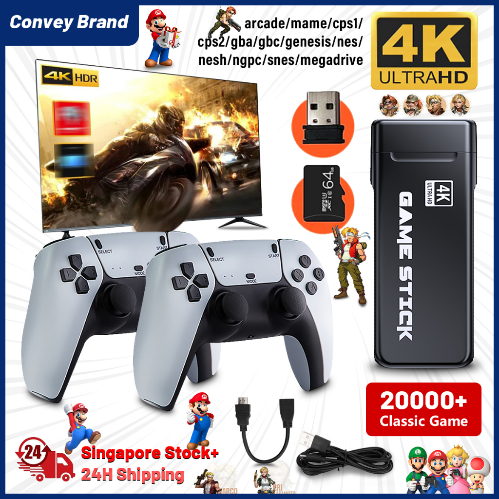 [SG Stock] 4K HD Video Game Console 64G Built-in 10000 +Games Retro handheld Game Stick Wireless Controller Supports MAME/FC/GB/MD/SFC/PS1 Game Kids Gift